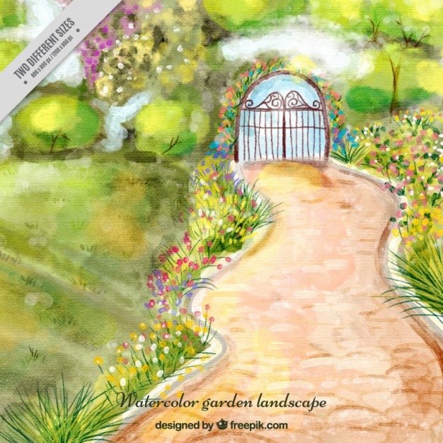 626x626 Watercolor Garden Landscape With A Path Background Vector Free