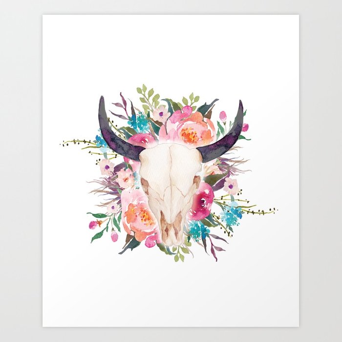 700x700 Watercolor Bull Skull With Flower Garland Art Print By