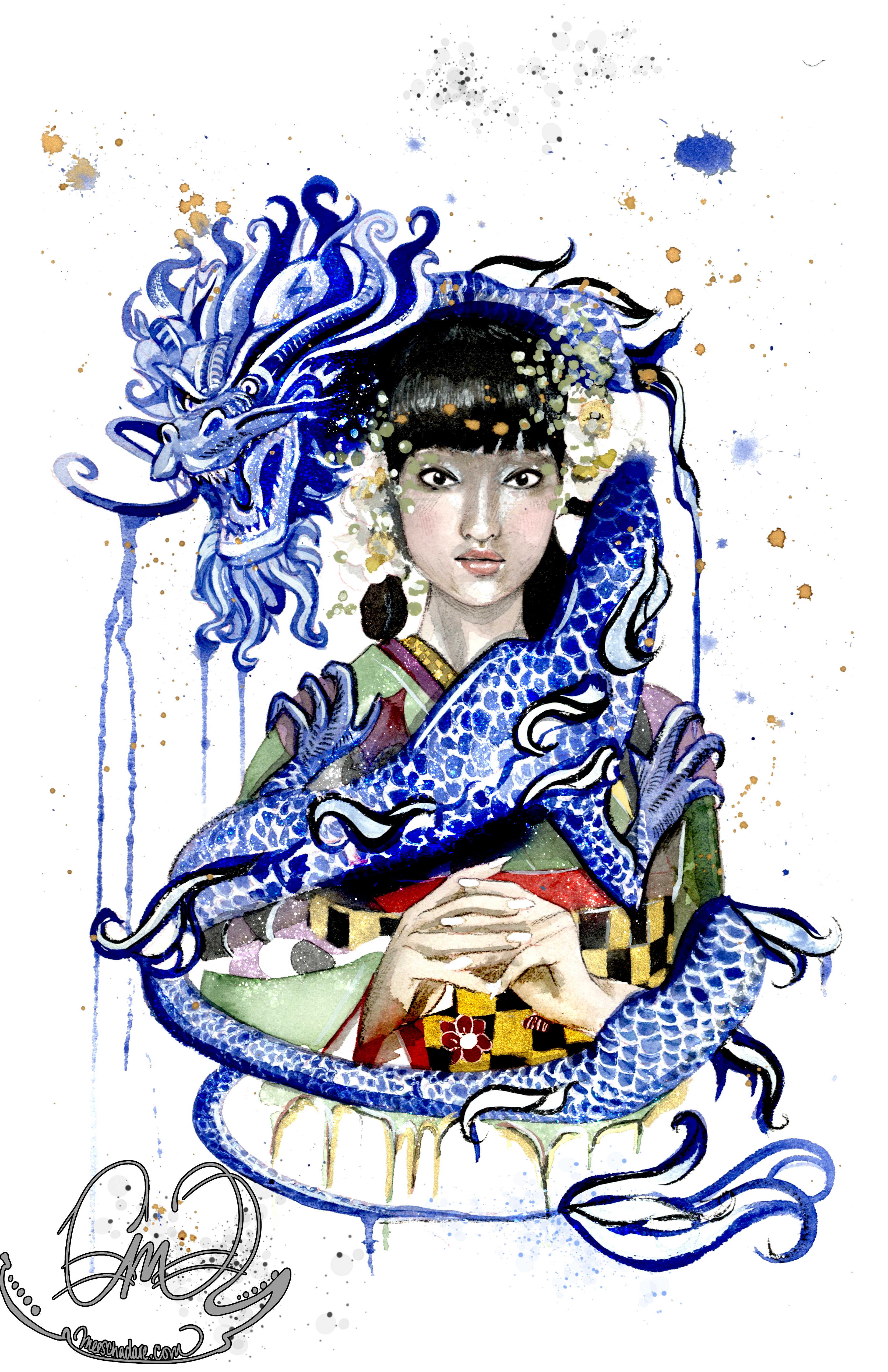 3300x5100 Original Watercolor Geisha Dragon
