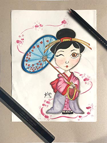 375x500 Orginal Japanese Geisha Watercolor Handmade