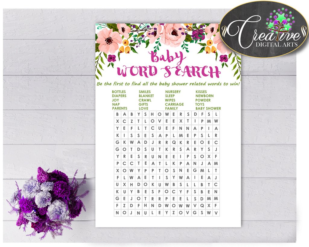1024x819 Baby Shower Girl Word Search Game Watercolor Flowers Pink Pro