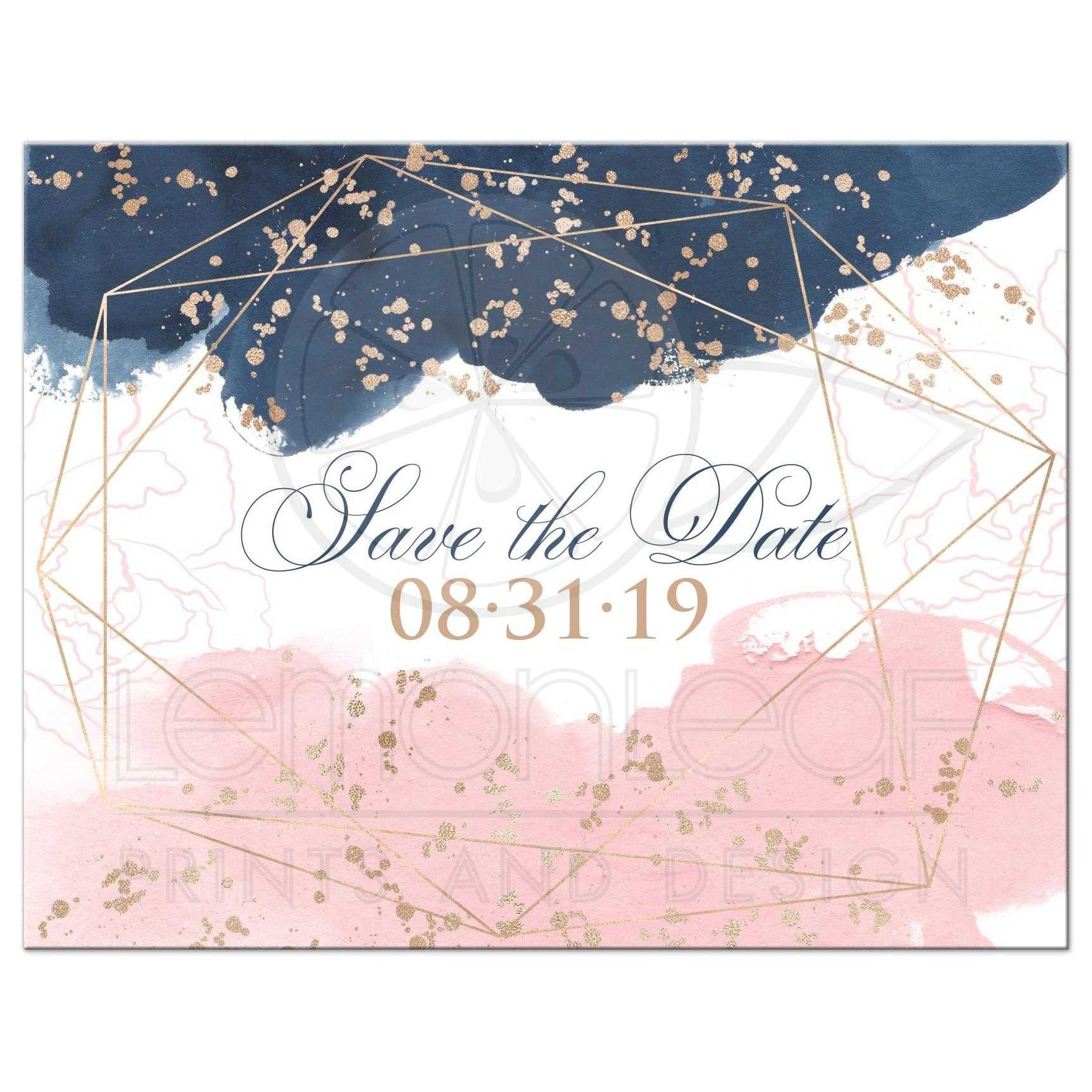 1725x1725 Navy, Blush Pink, White Watercolor, Geometric Save The Date Card