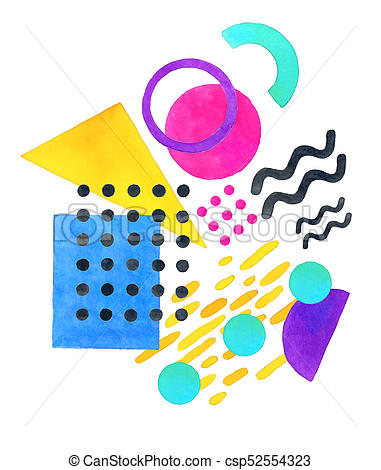 381x470 Memphis Geometric Shapes In Arrangement, Watercolor Illustration