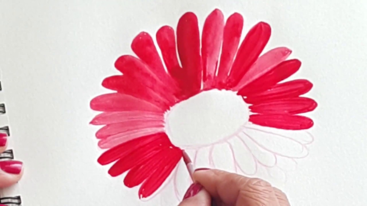1280x720 Red Gerbera Flower Watercolor Step By Step Tutorial