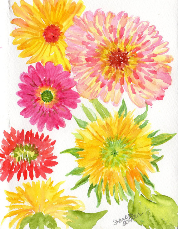 570x731 Flowers Watercolor Painting, Gerbera Daisies, Dwarf Teddy Bear
