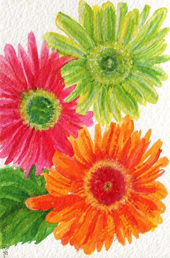 570x864 Gerbera Daisies Watercolor Painting, Original. 4 X 6 Ooak Gerbera