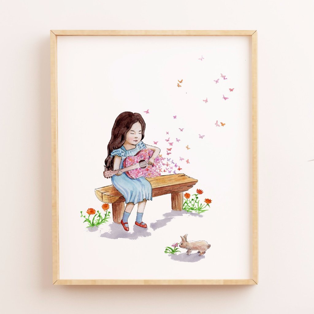 1024x1024 Watercolor Girl With Guitar Print