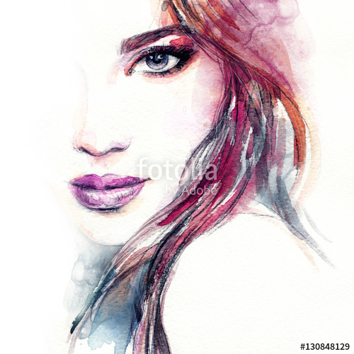500x500 Woman Portrait. Fashion Illustration. Watercolor Painting Stock