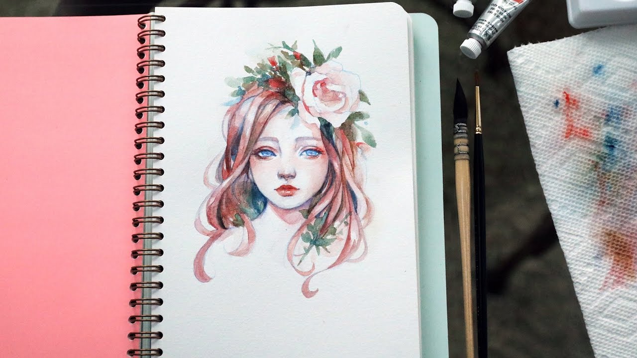1280x720 Flower Girl Portrait Watercolor Timelapse By Margaret Morales