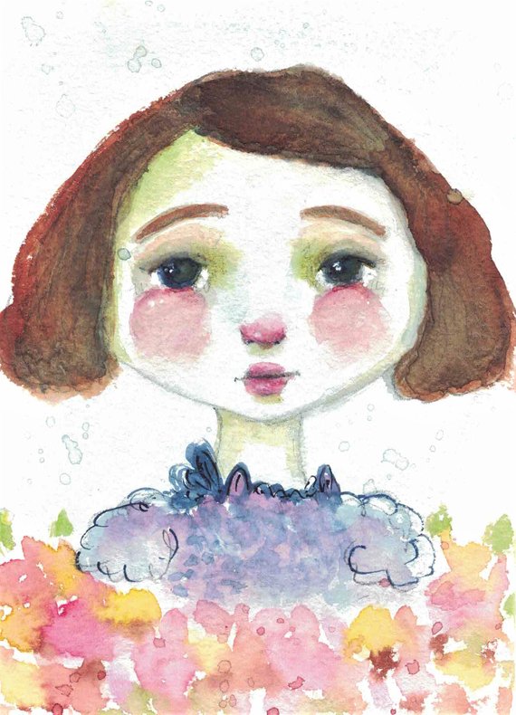 570x790 Original Mixed Media Watercolor Girl Flowers By Ceville Etsy
