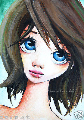 279x400 Aceo Original Watercolor Painting Doll Face Girl Portrait Abstract