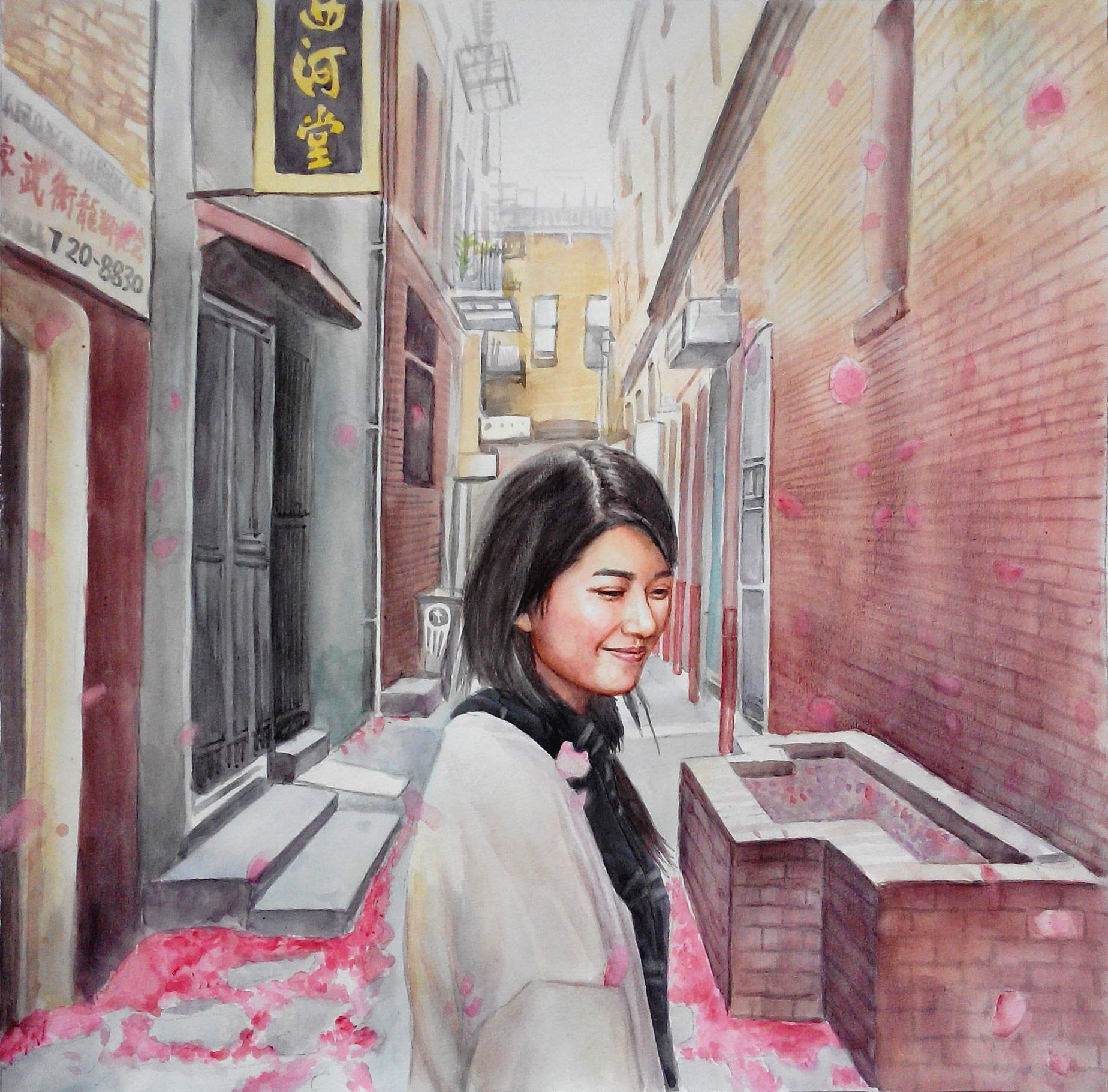 1848x1821 Custom Hand Painted Girl In Chinatown Watercolor Painting