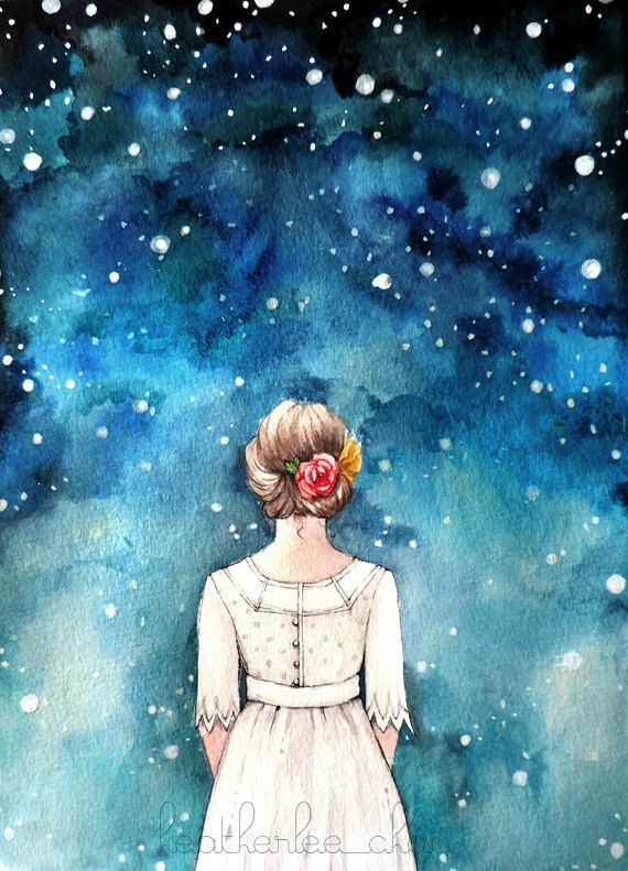 570x791 Starry Night Sky And Girl Watercolor