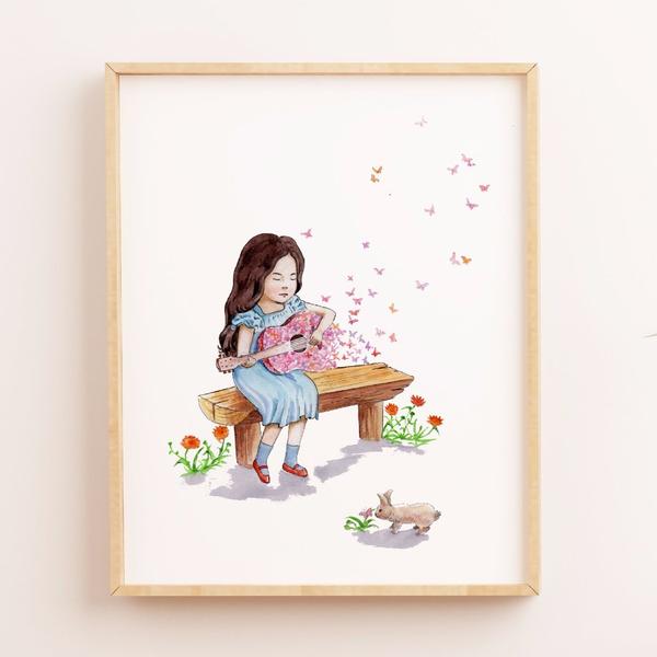 600x600 Watercolor Girl With Guitar Print