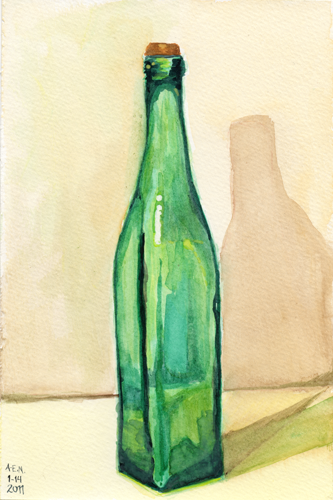 333x500 Green Glass Bottle Original Watercolor Daily Painting Of Emerald