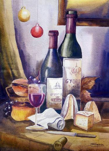 375x520 Wine Bottles, Wine Glass Amp Food Watercolor Painting Painting By