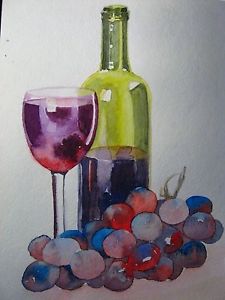 225x300 Watercolor Painting Red Wine Glass Bottle Alcohol Drink Grapes 5x7
