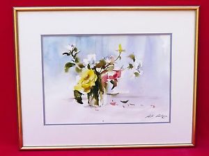 300x225 Lovely Original Watercolor Painting Signed Ralph Acosta Glass Vase