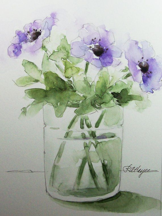 570x760 Purple Flowers In Glass Vase Original Watercolor Painting Floral