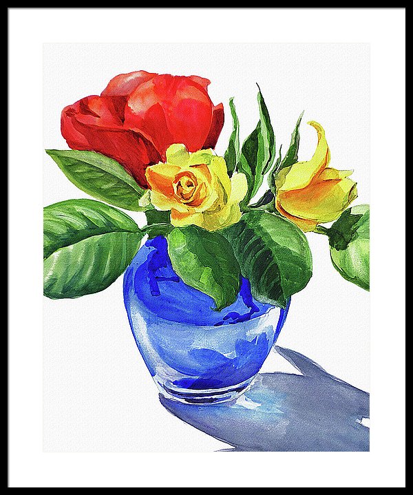 600x719 Red And Yellow Rose In Blue Glass Vase Watercolor Framed Print By