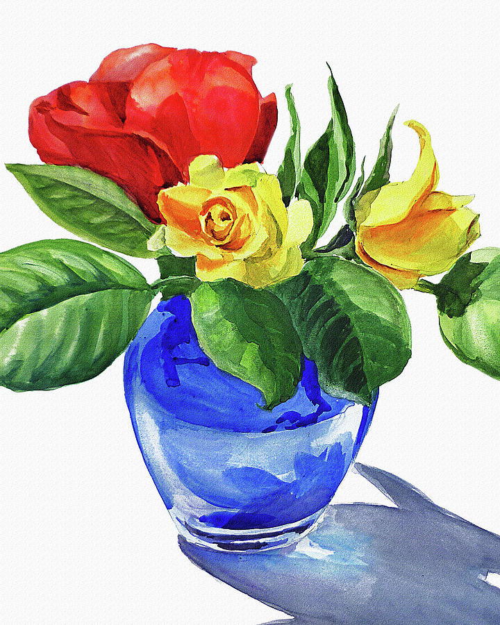 720x900 Red And Yellow Rose In Blue Glass Vase Watercolor Painting By