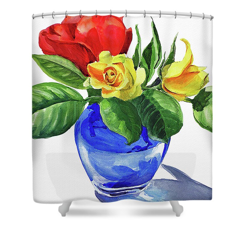 800x800 Red And Yellow Rose In Blue Glass Vase Watercolor Shower Curtain