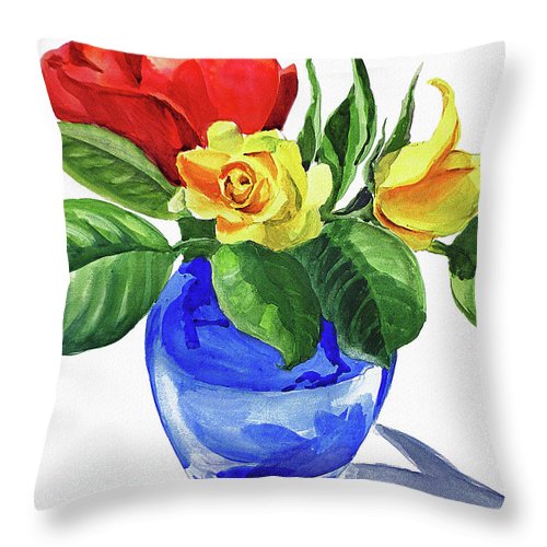 500x500 Red And Yellow Rose In Blue Glass Vase Watercolor Throw Pillow For