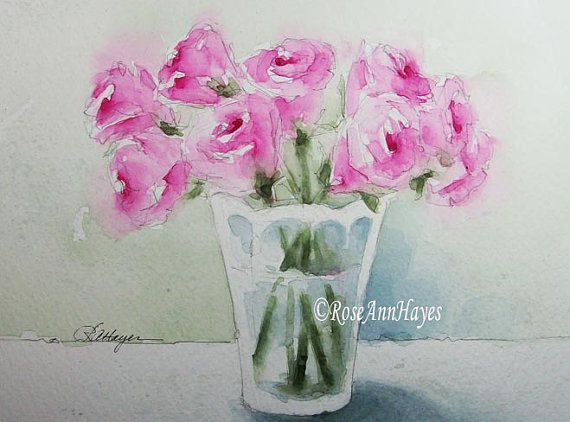 570x422 Watercolor Painting Of Pink Roses In A Glass Vase By Roseann Hayes