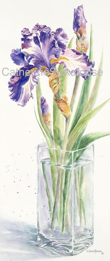 360x848 Purple Iris, Glass Vase, Watercolor Painting, Fine Art Limited