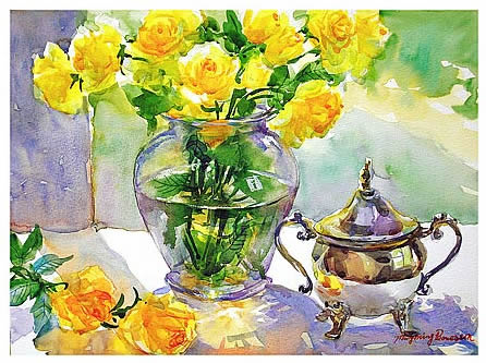 446x333 Watercolor Painting Yellow Rose In A Glass Vase