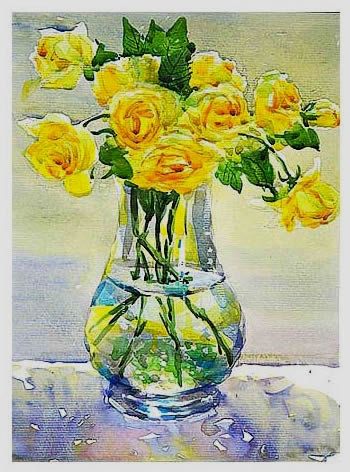 350x472 Watercolor Painting Yellow Rose In Glass Vase Art