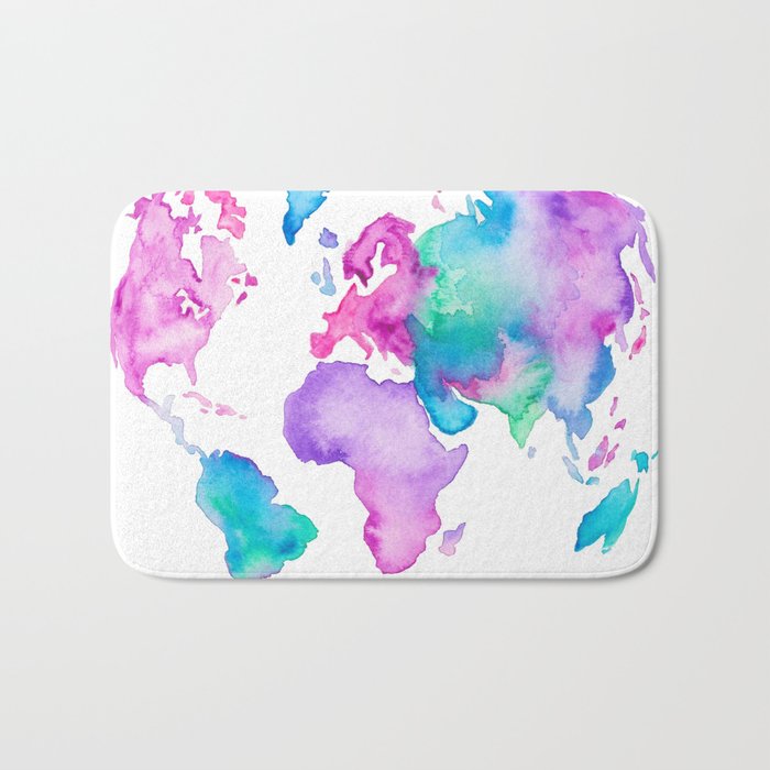 700x700 Modern World Map Globe Bright Watercolor Paint Bath Mat By
