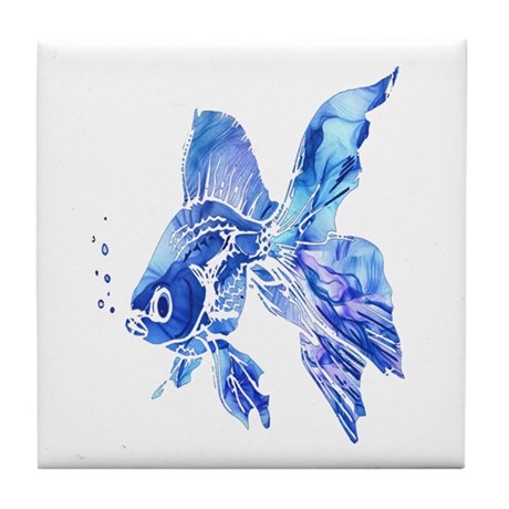 460x460 Blue Watercolor Goldfish Tile Coaster By Barkettc