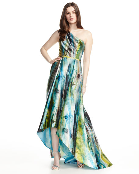 456x570 Pamella Roland Watercolor Floral One Shoulder High Low Gown, Fern