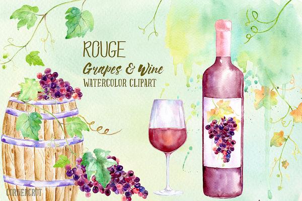 600x399 Watercolor Rouge Grapes And Wine, Red Grape, Vines, Bottle Of Red