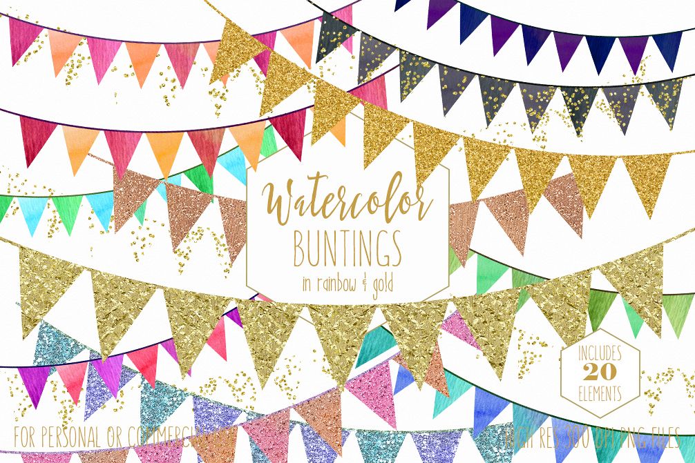 1006x671 Gold Bunting Banner Clipart Rainbow Watercolor Pennant Flag