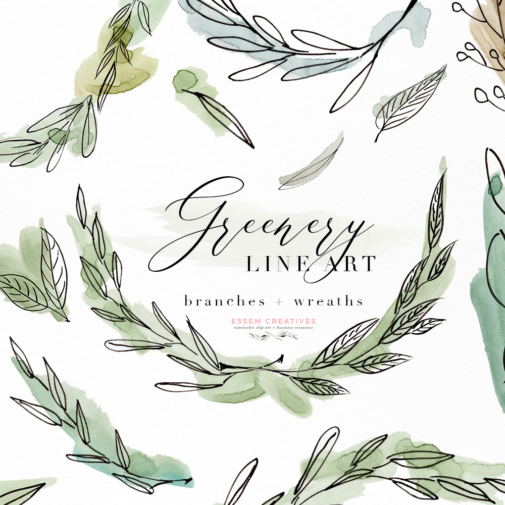 1000x1000 Greenery Line Art Watercolor Clipart, Olive Eucalyptus Branches