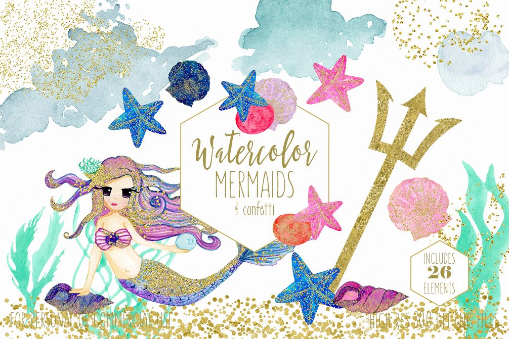 1006x671 Watercolor Mermaid Clipart With Metallic Gold Confetti Mermaids
