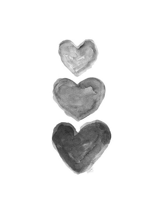 570x713 Black Heart, Watercolor Print, Charcoal Art, Grey Art, Black And