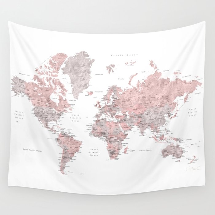 700x700 Dusty Pink And Grey Detailed Watercolor World Map Wall Tapestry By