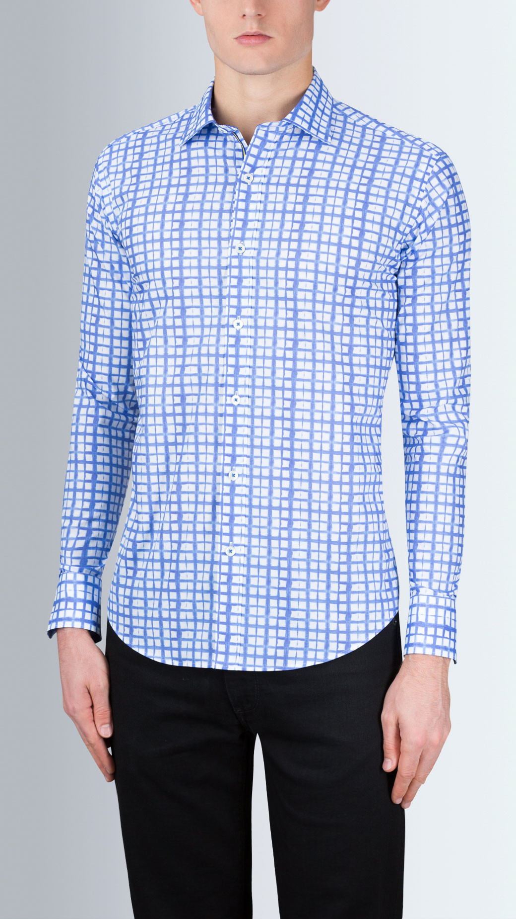 1040x1849 Shaped Fit Long Sleeve Watercolor Grid Printed Cotton Shirt Bugatchi