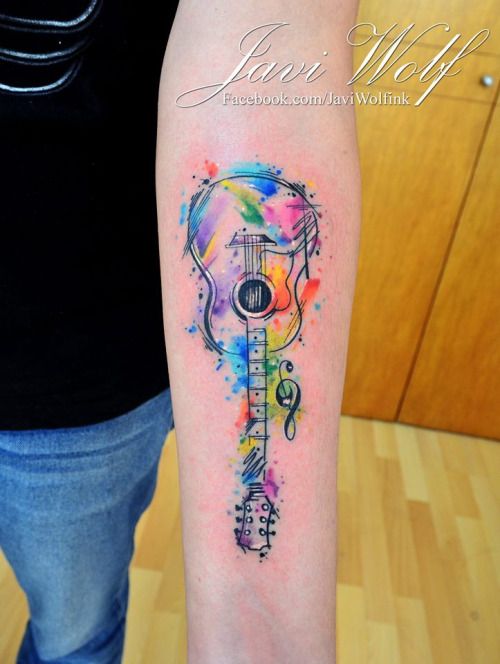 500x664 Realistic Watercolor Sketch Guitar Tattoo. Tattooed By Javiwolfink