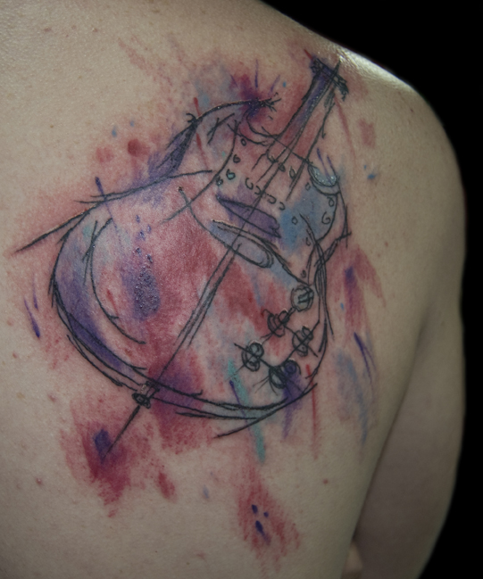 541x649 Watercolor Guitar Tattoo On Right Back Shoulder By Bryan Lawson