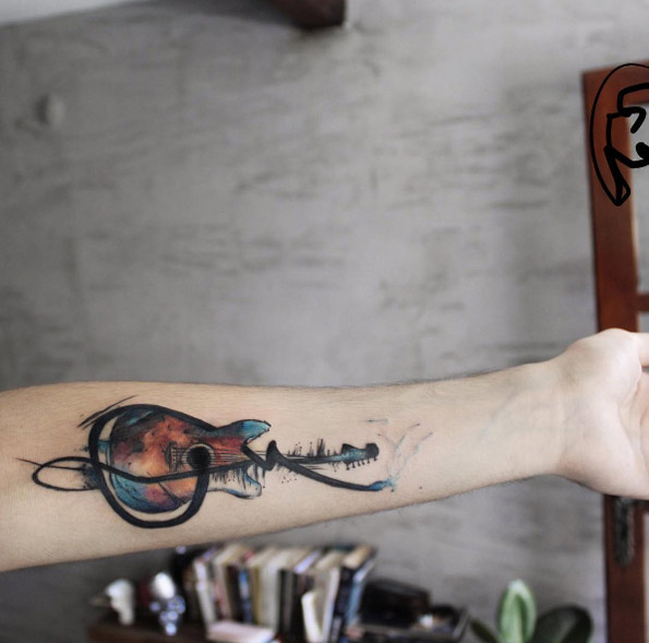 595x589 Watercolor Guitar Tattoo