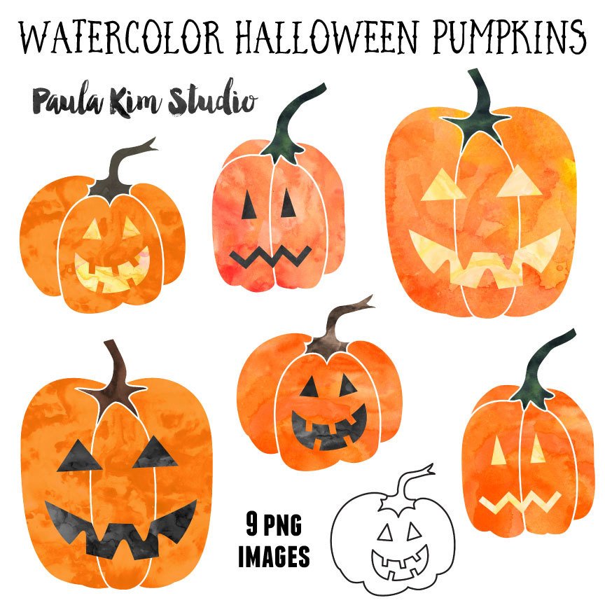 864x864 Watercolor Halloween Pumpkin Clipart Halloween Clip Art Etsy