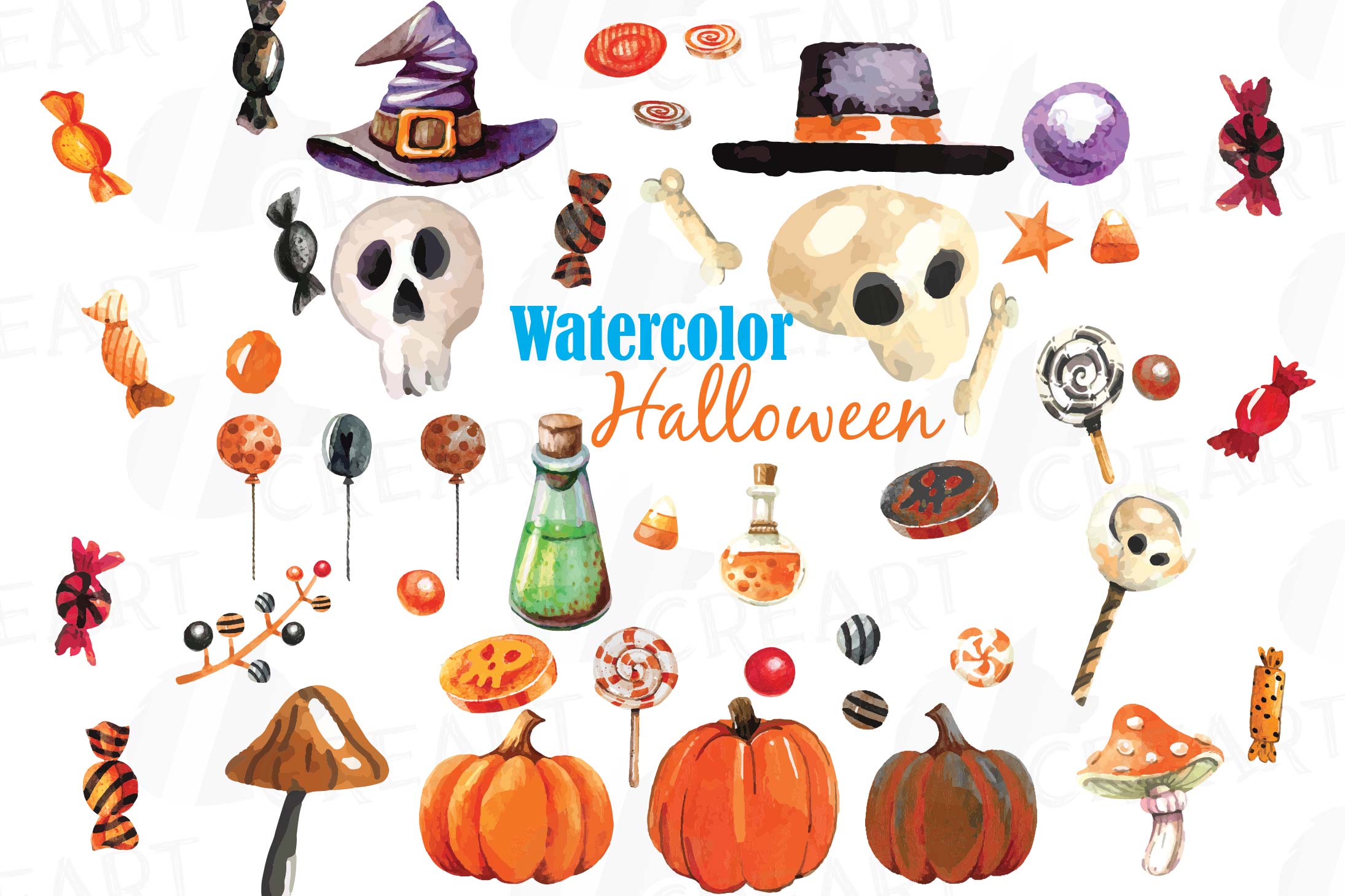 2189x1459 Watercolor Halloween Clip Art Pack, Halloween Candy, Skull