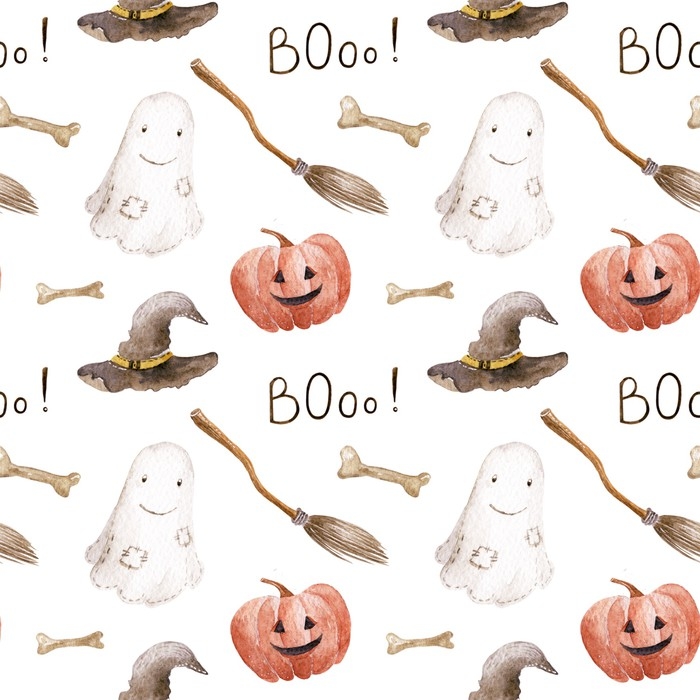 700x700 Watercolor Halloween Pattern On The White Background. Hand Drawn