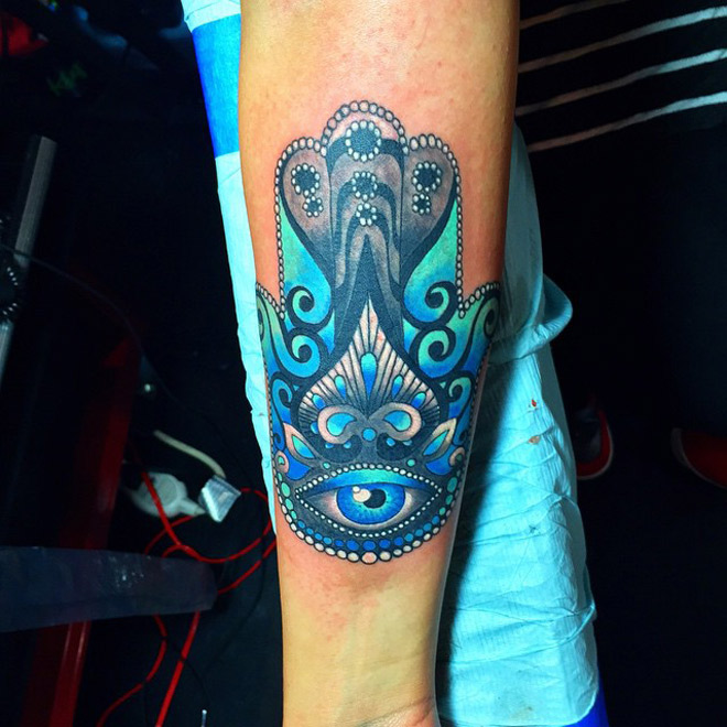 660x660 Pretty Blue Hamsa Forearm Piece Best Tattoo Design Ideas
