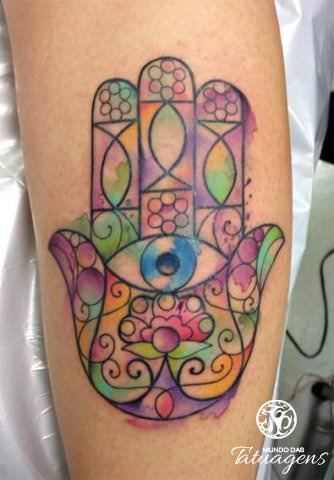 334x480 Watercolor Paint Adds Feminine Color To This Floral Hamsa Tattoo