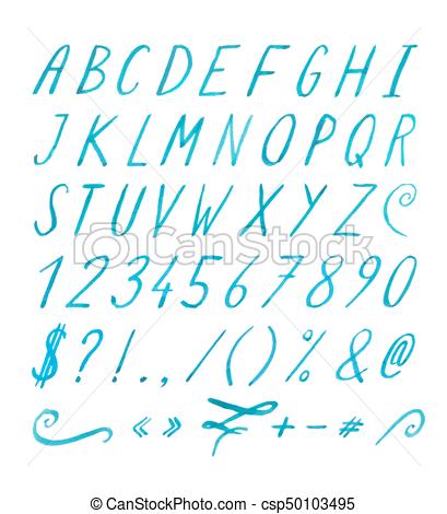 409x470 Handwritten Font With Punctuation Marks. Hand Drawn Blue
